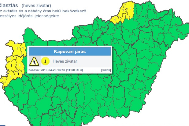 A Rábaköz nyugati felére riasztást adtak ki, zivatar és jégeső is lehet